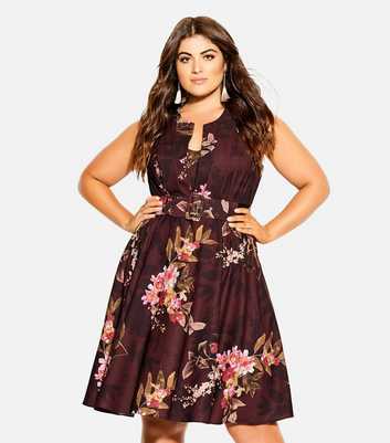 City Chic Curves Burgundy Floral Belted Mini Dress