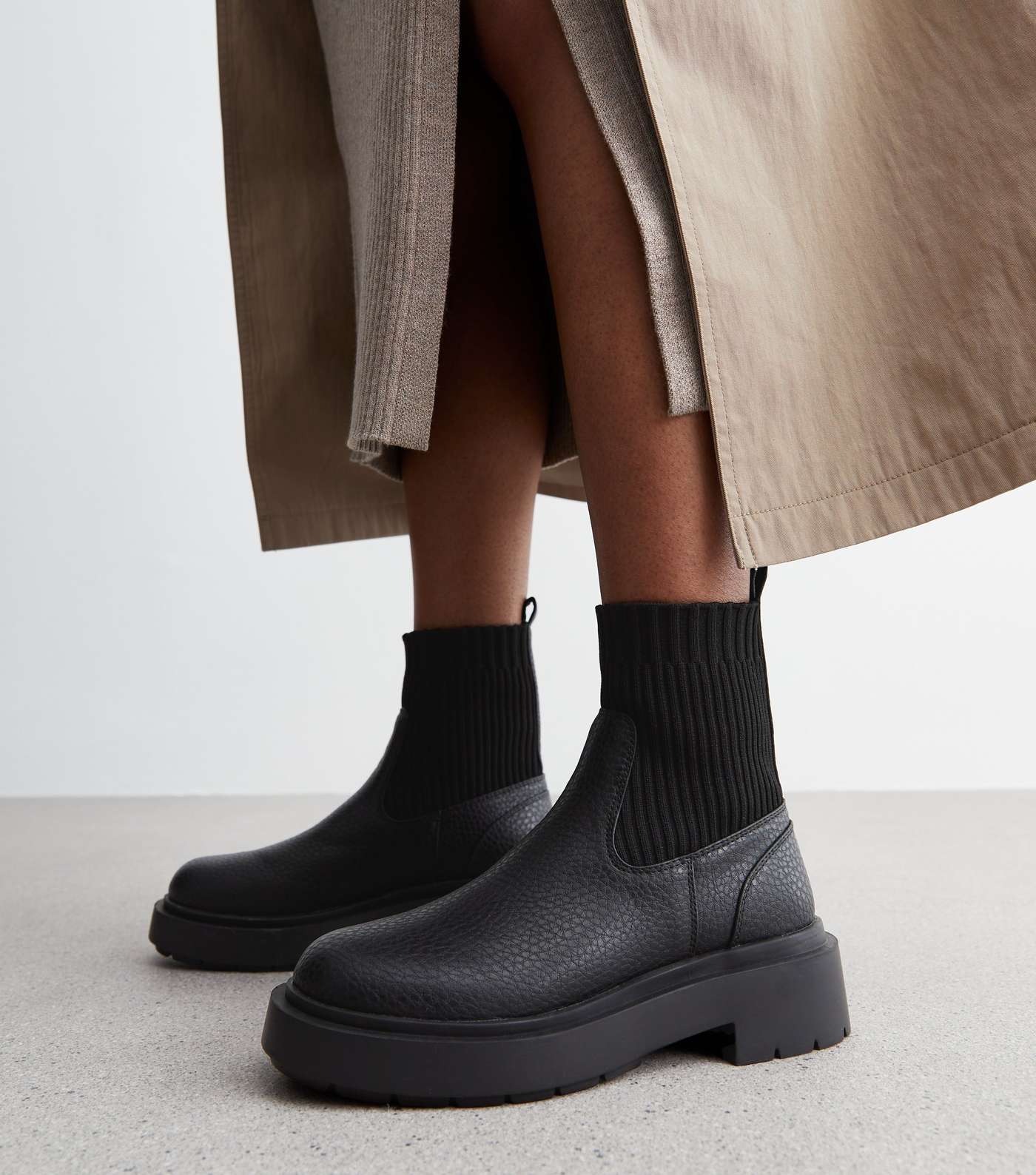 Black Leather-Look Chunky Chelsea Knit Sock Boots | New Look