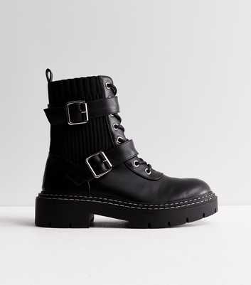 Black Leather-Look Ribbed Chunky Biker Boots