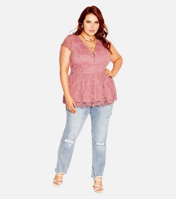 City Chic Curves Pink Lace Peplum Top New Look