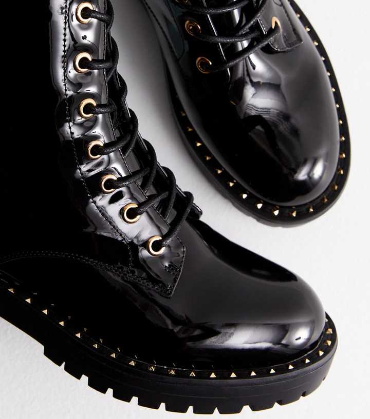 ladies boots black patent lace up chunky ankle boots