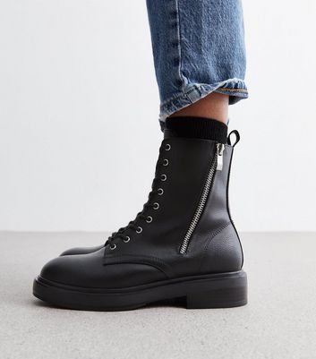 Black Leather Look Lace Up Chunky Biker Boots New Look