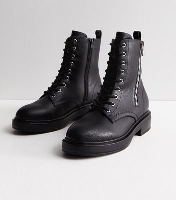 Black Leather-Look Lace Up Chunky Biker Boots New Look