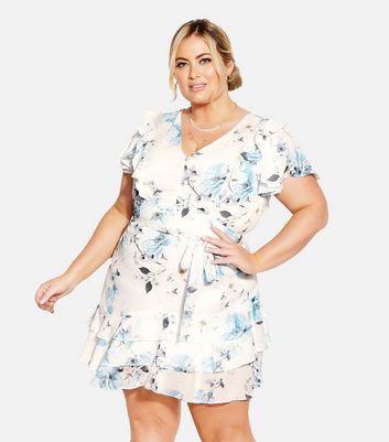 City Chic Curves White Floral Tie Waist Mini Dress New Look