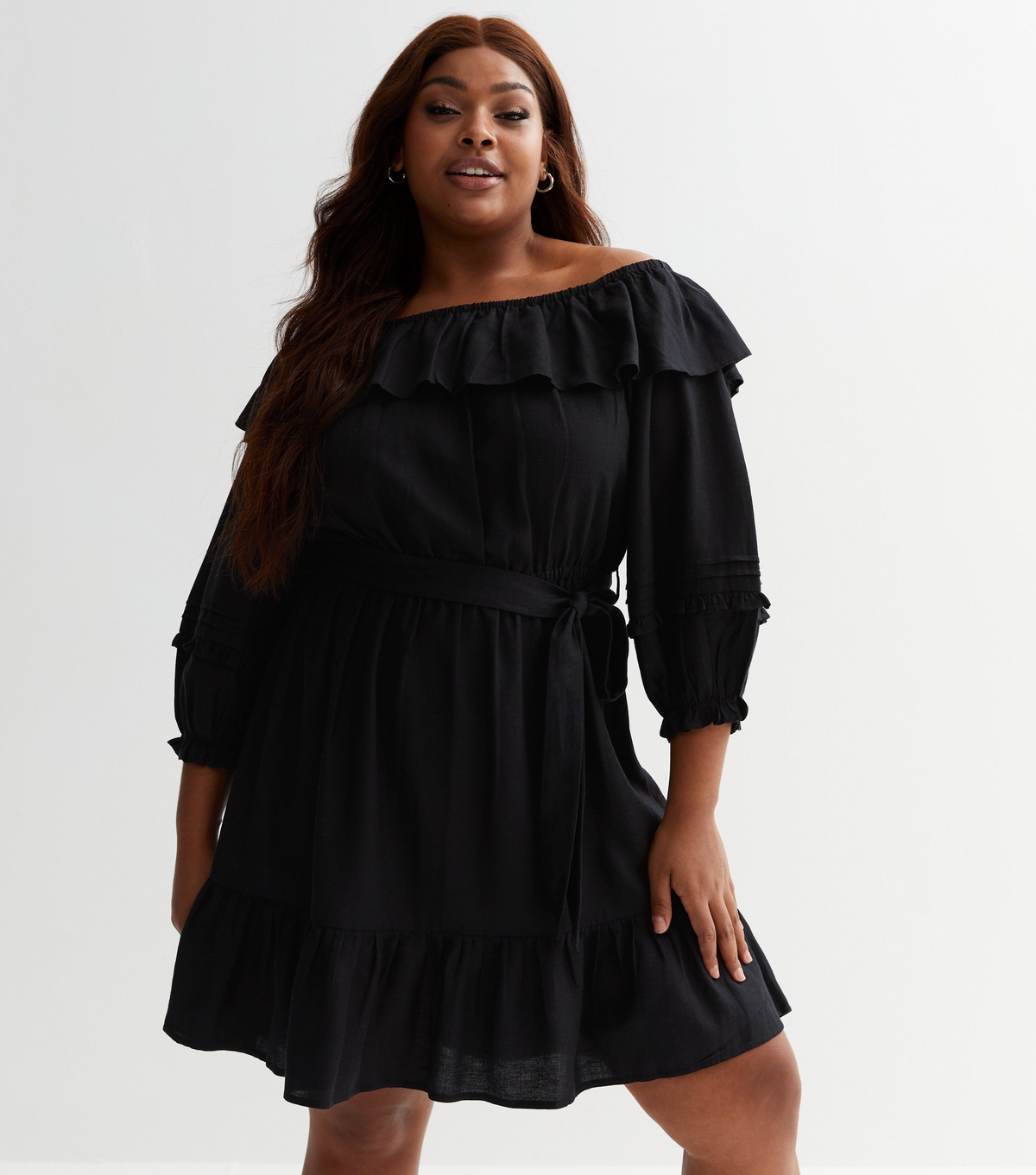 Women's Plus Size Black Frill Bardot 3/4 Sleeve Mini Dress Curves New Look
