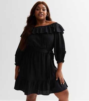 Curves Black Frill Bardot 3/4 Sleeve Mini Dress