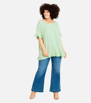 Evans Curves Green Frill Sleeve Top New Look