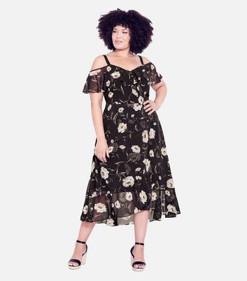 Black floral cold shoulder dress sale