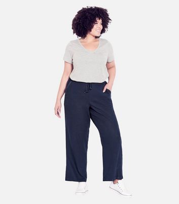 Evans Curves Navy Linen Blend Trousers New Look