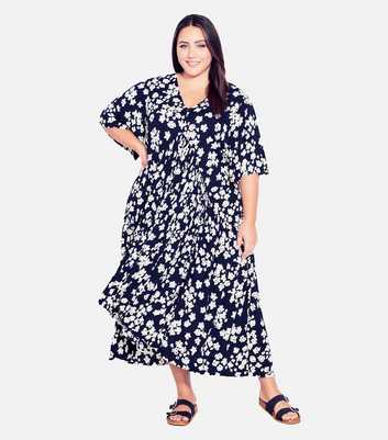 Evans Curves Navy Floral Crinkle Maxi Dress