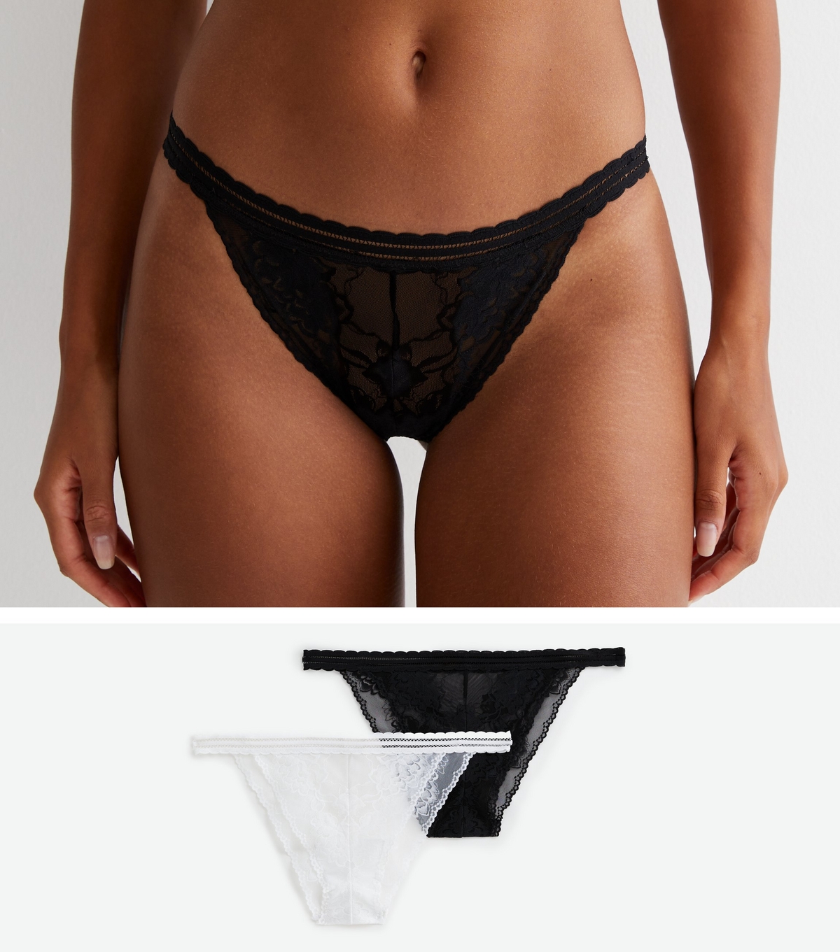 Women's 2 Pack Black and White Lace Tanga Briefs New Look