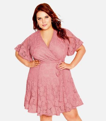 City Chic Curves Pink Lace Tie Waist Mini Dress New Look