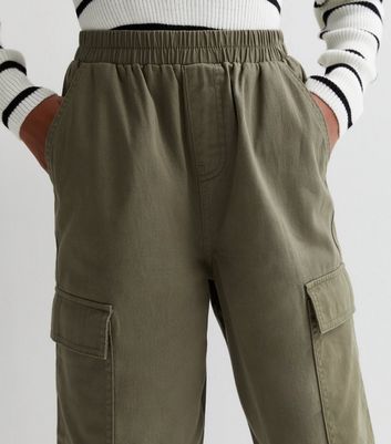 Girls Khaki Cotton Baggy Cuffed Cargo Trousers New Look