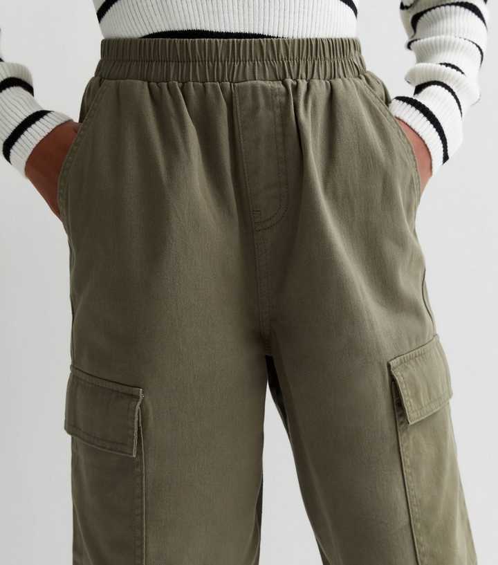 Girls Khaki Cotton Baggy Cuffed Cargo Trousers
