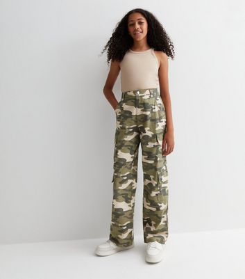 Girls Green Cotton Camo Print Cuffed Cargo Trousers New Look