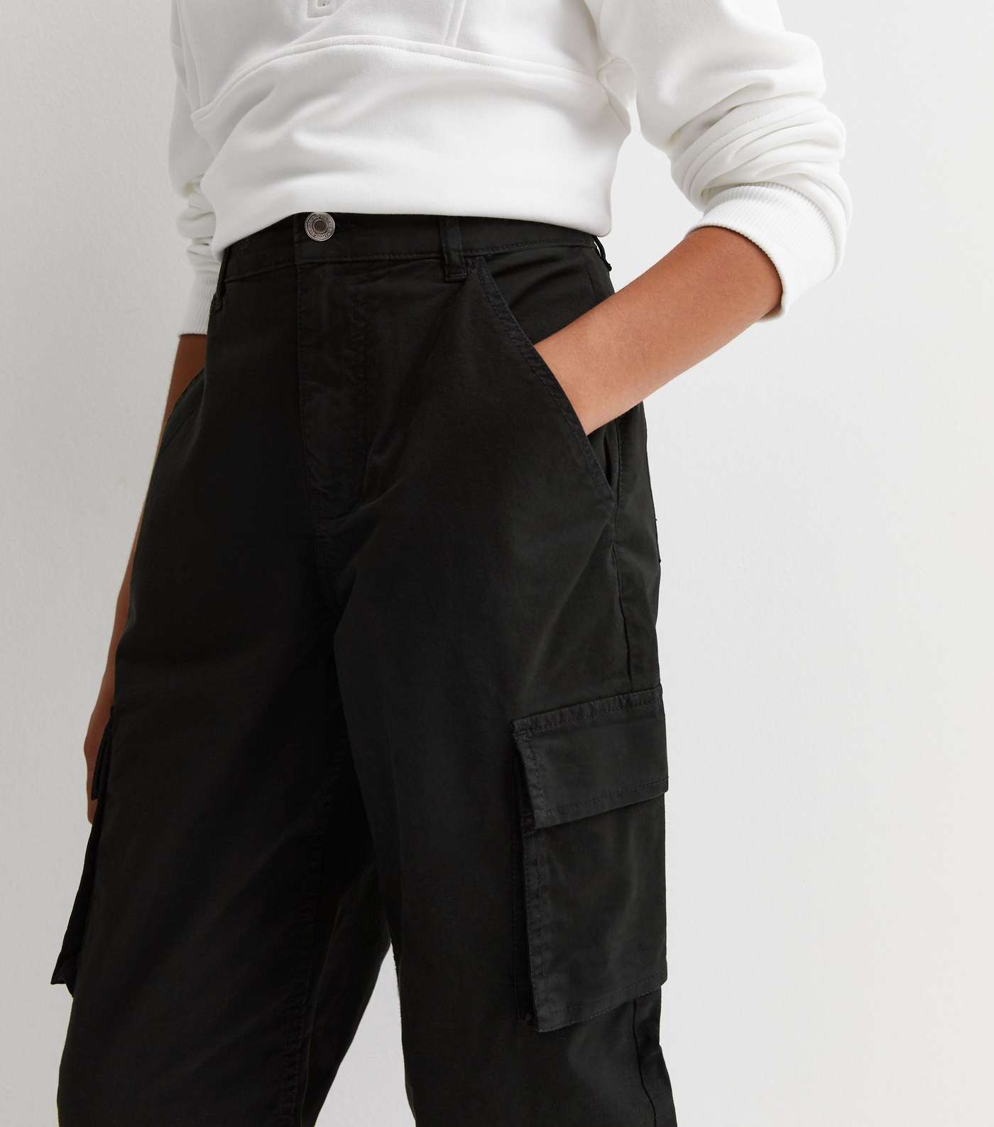Girls Black Straight Leg Cargo Pocket Trousers Image 2