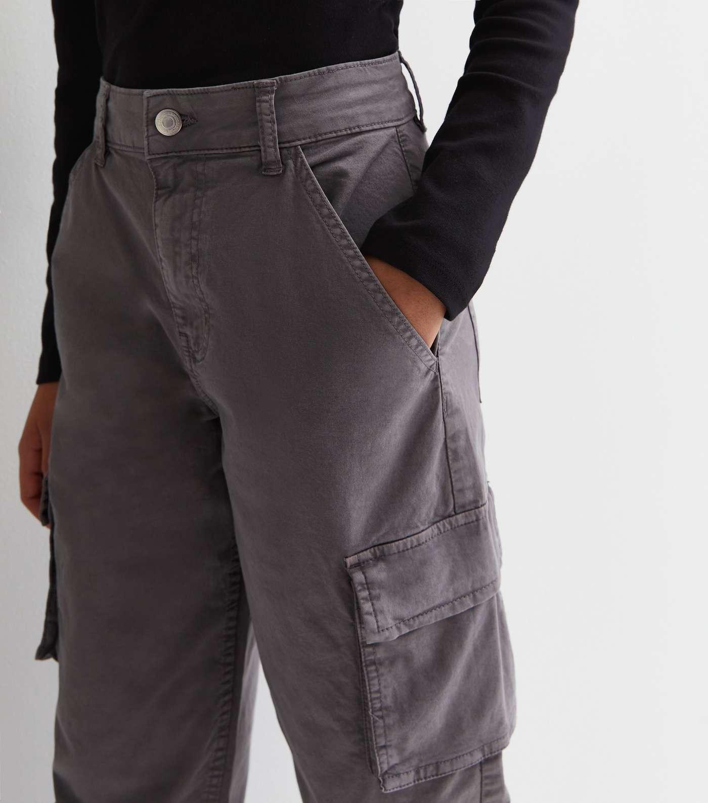 Girls Dark Grey Straight Leg Cargo Pocket Trousers Image 4