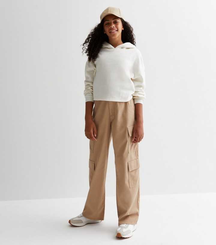 Girls Khaki Cotton Wide Leg Cargo Trousers