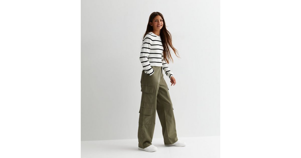 Girls Khaki Cotton Wide Leg Cargo Trousers | New Look