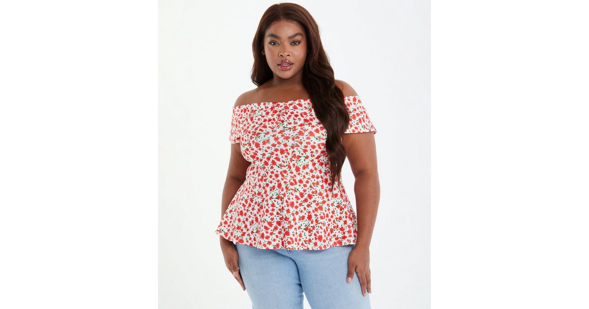 QUIZ Curves Red Floral Off Shoulder Peplum Top