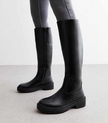 Black Leather-Look Chunky Knee High Boots | New Look
