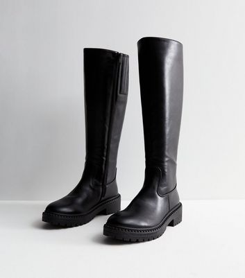 Black Leather-Look Chunky Knee High Boots New Look Vegan