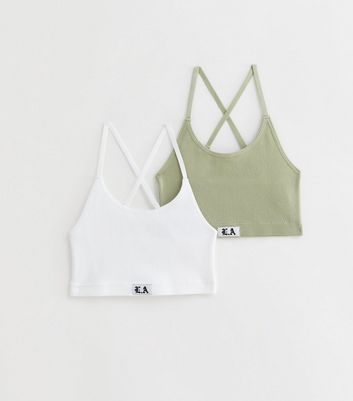 Girls 2 Pack Khaki and White Ribbed Seamless Crop Tops New Look