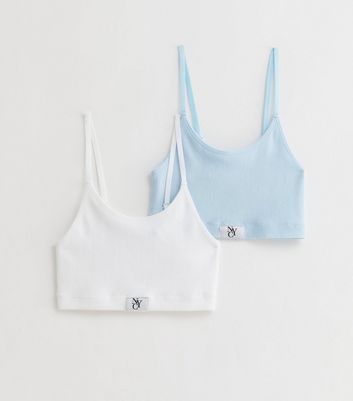 Girls 2 Pack Blue and White Ribbed Seamless Crop Tops New Look