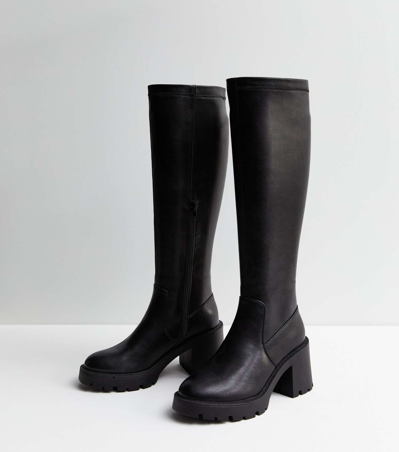 Black Leather-Look Stretch Block Heel Knee High Boots Image 2