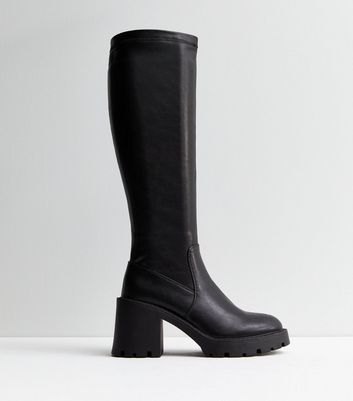 Black Leather-Look Stretch Block Heel Knee High Boots New Look