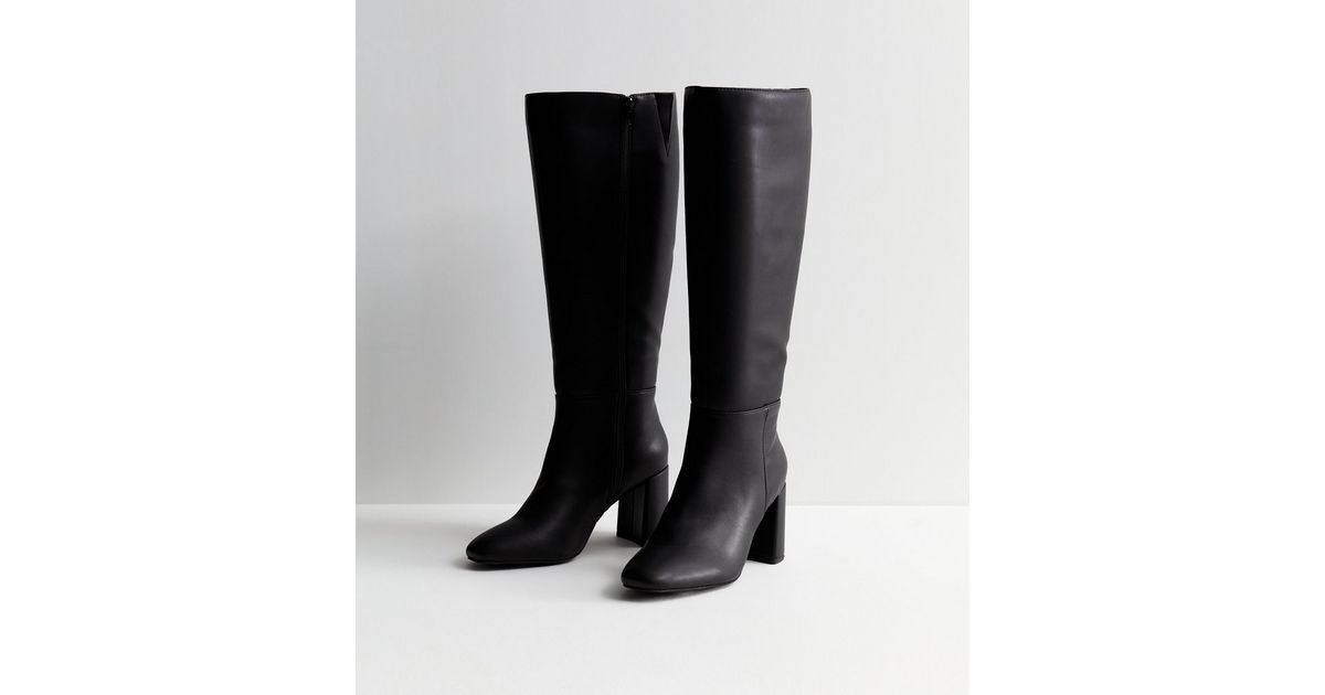 Black Leather-Look Stretch Block Heel Knee High Boots | New Look