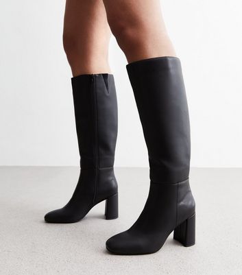 Black Leather Look Stretch Block Heel Knee High Boots New Look