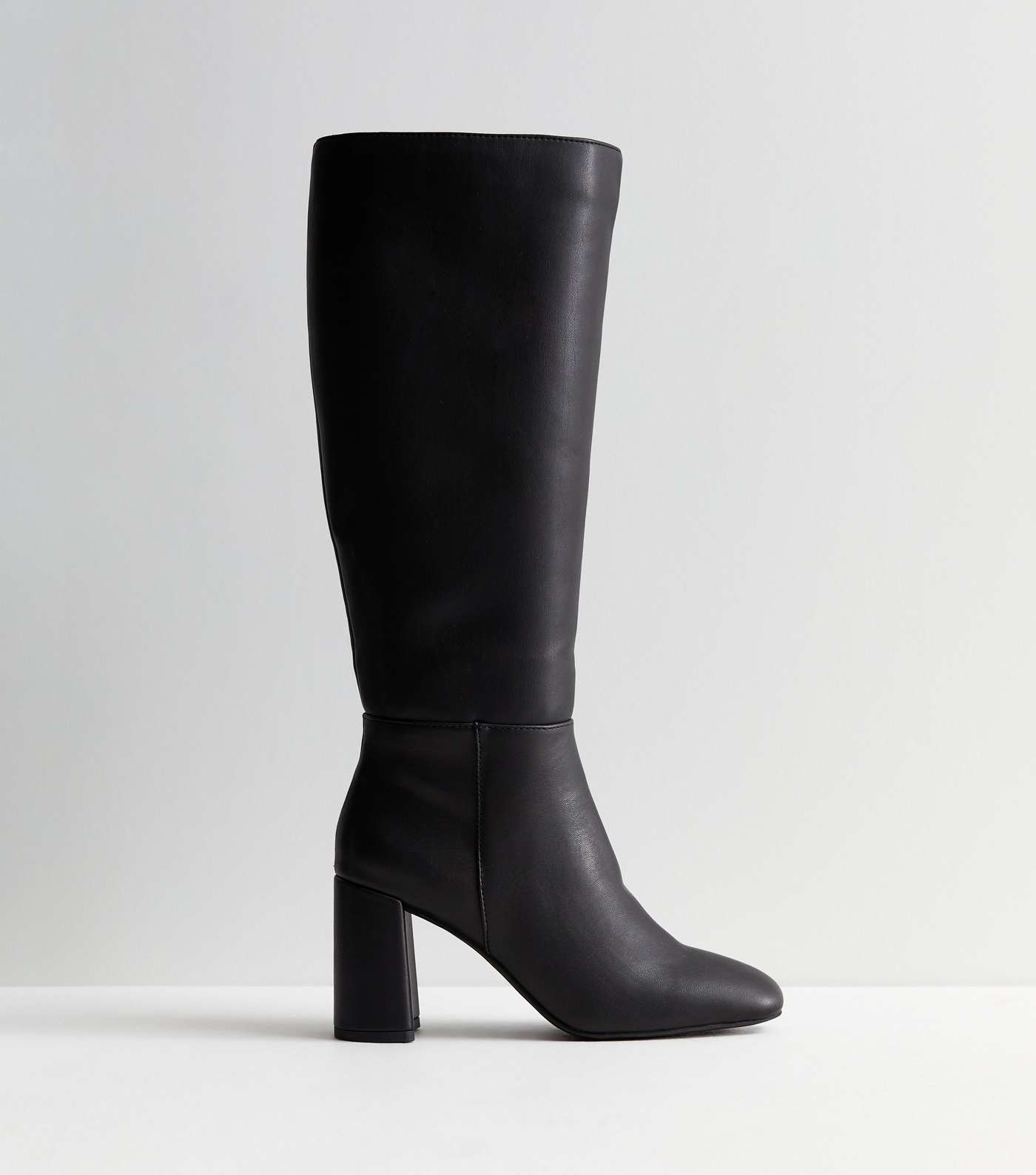 Black Leather-Look Stretch Block Heel Knee High Boots Image 5