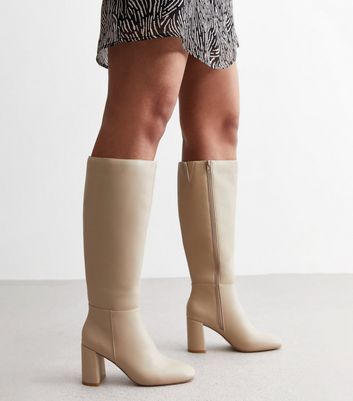 Camel Leather-Look Stretch Block Heel Knee High Boots New Look