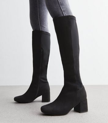 Black suede knee high boots with shop heel