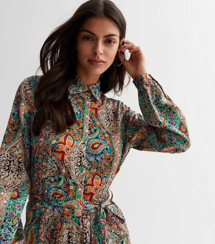 Multi-Colour Long Sleeve Satin Midi Shirt Dress