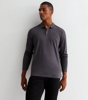 Dark Grey Cotton Long Sleeve Polo Shirt New Look