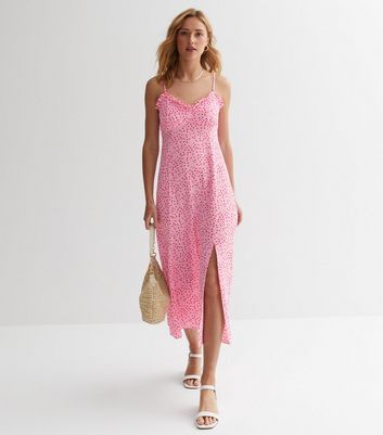 Pink Pattern Frill Strappy Midi Dress New Look