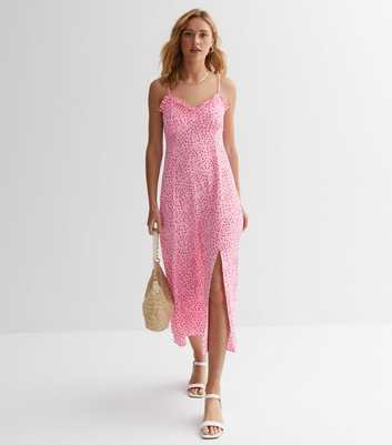 Pink Pattern Frill Strappy Midi Dress
