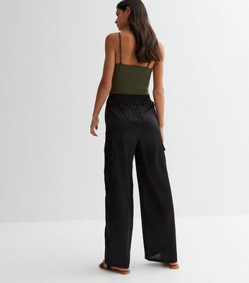 Black Satin Cargo Trousers New Look