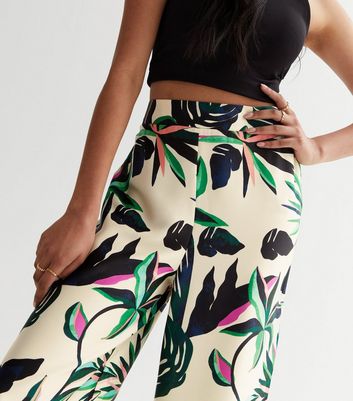 Cream Tropical Print Satin Wide Leg Trousers