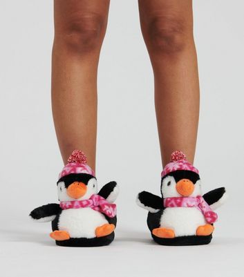 Loungeable Black Faux Fur Penguin Slippers New Look
