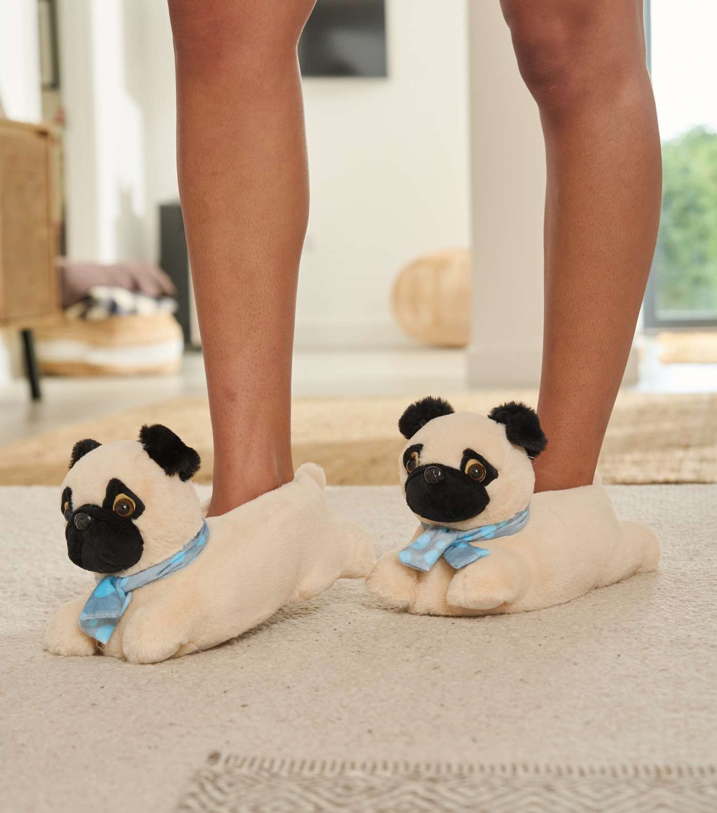 Loungeable Cream Faux Fur Pug Slippers Image 3