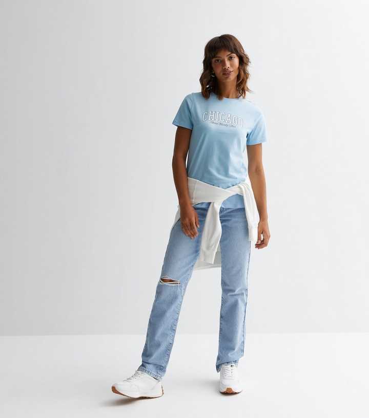 New Look Women's Pale Blue Cotton Chicago Logo T-Shirt - UK 6