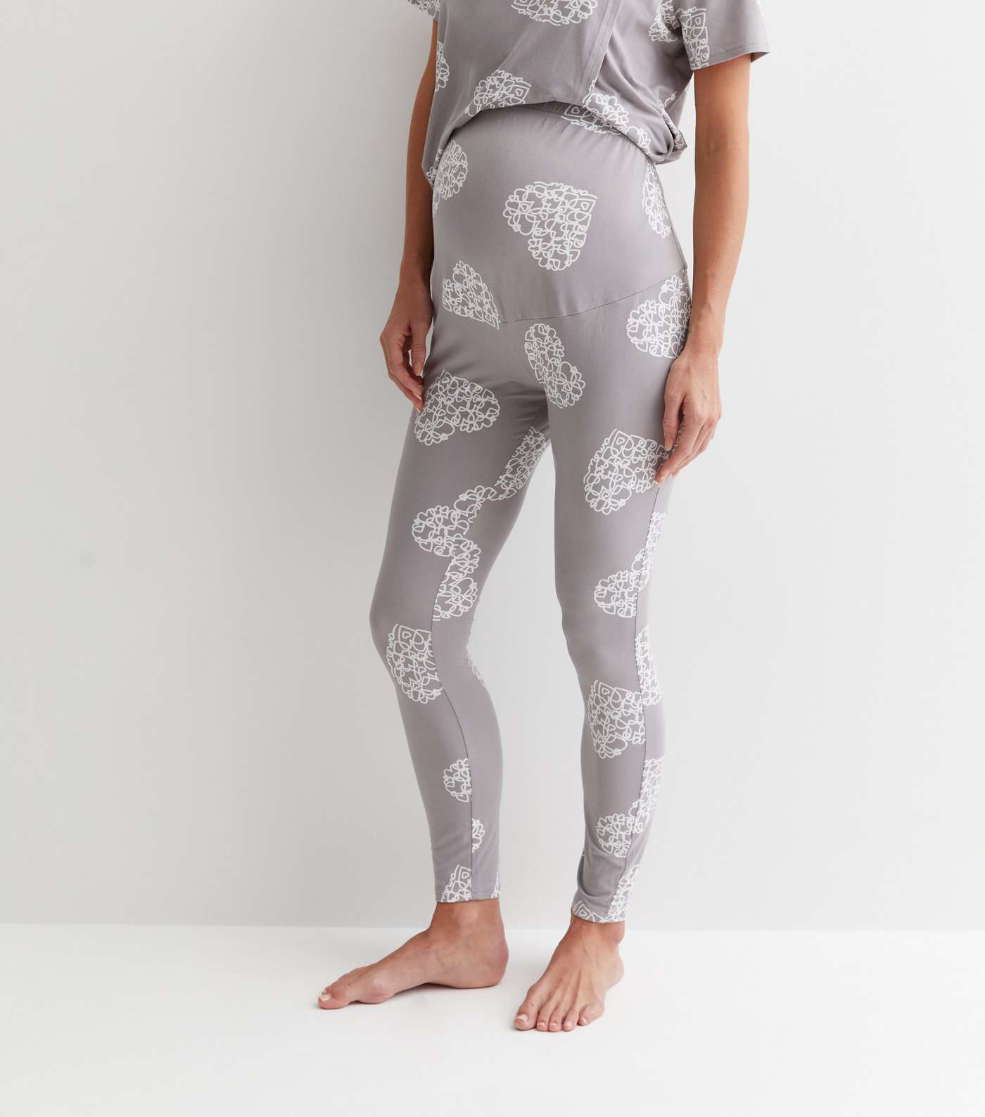 Maternity Grey Soft Touch Legging Pyjama Set with Heart Print  Image 3