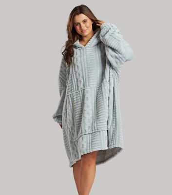 Loungeable Pale Grey Cable Knit Borg Blanket Hoodie New Look