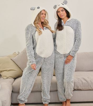 Loungeable Pale Grey Fluffy Panda Onesie New Look