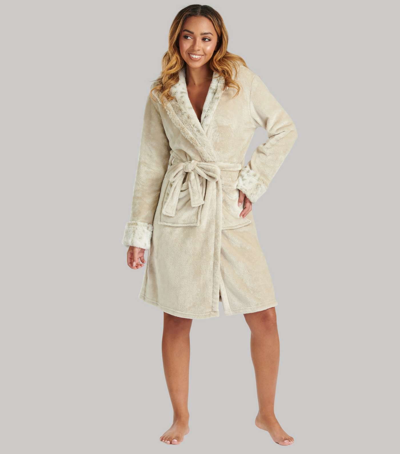 Loungeable Cream Faux Fur Hooded Fleece Dressing Gown  Image 3