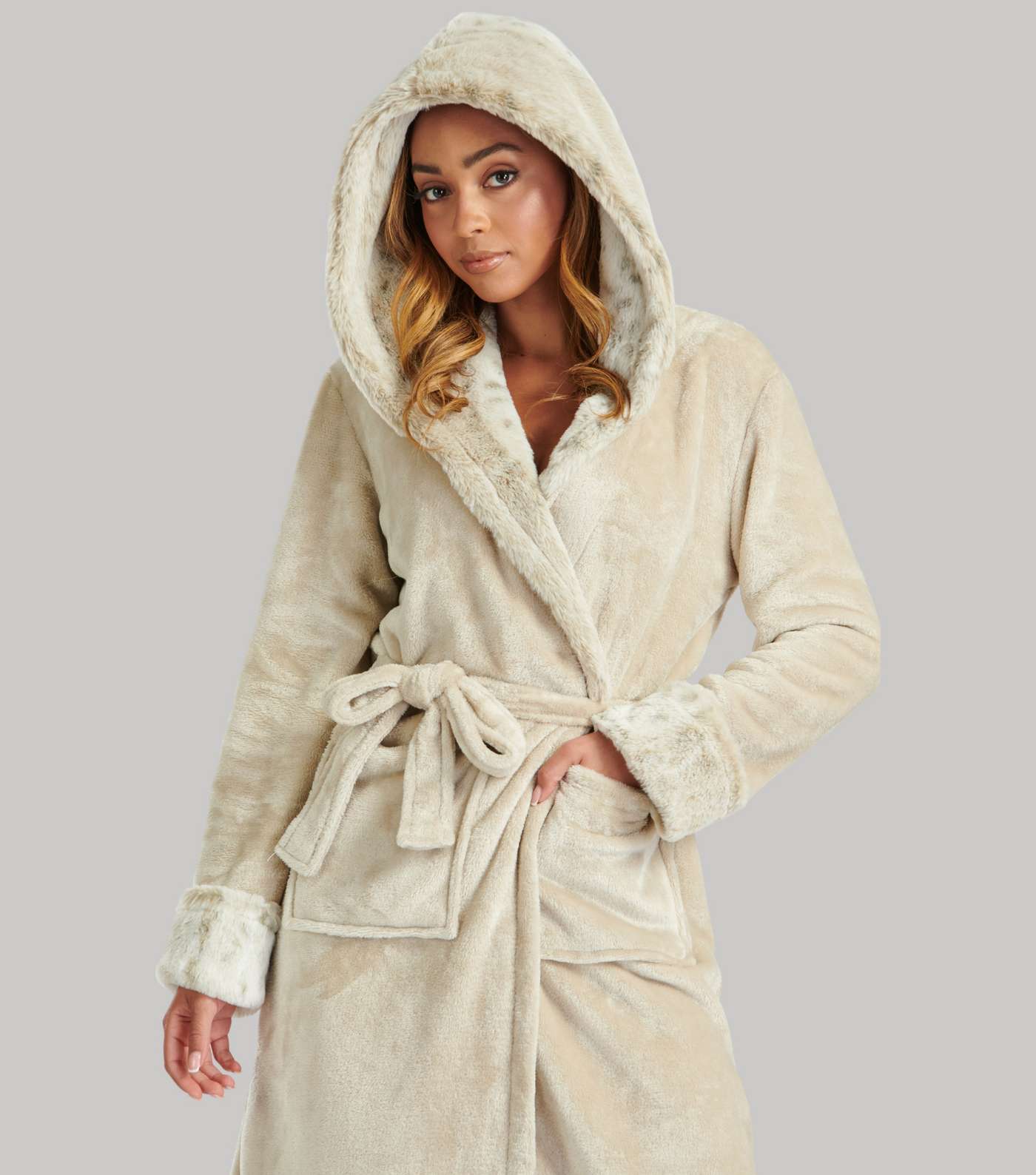 Loungeable Cream Faux Fur Hooded Fleece Dressing Gown  Image 5