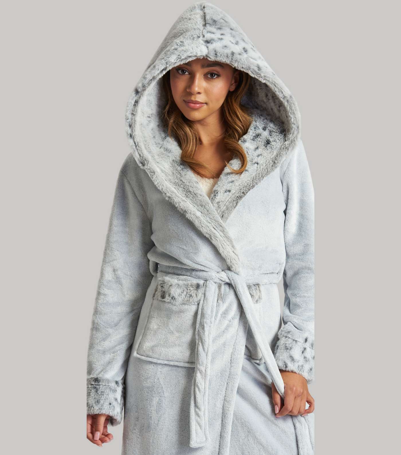 Loungeable Pale Grey Faux Fur Leopard Print Hooded Dressing Gown Image 3